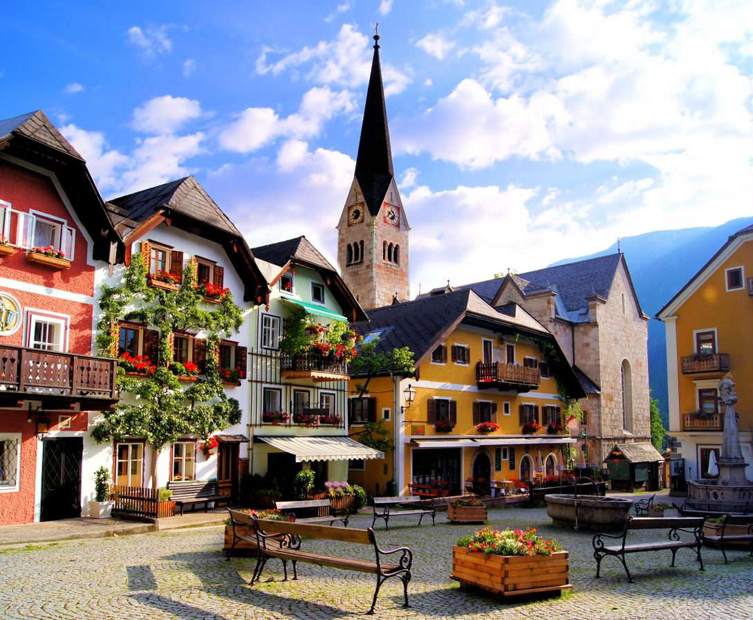 Ryneczek w miejscowości Hallstatt (Austria) puzzle ze zdjęcia