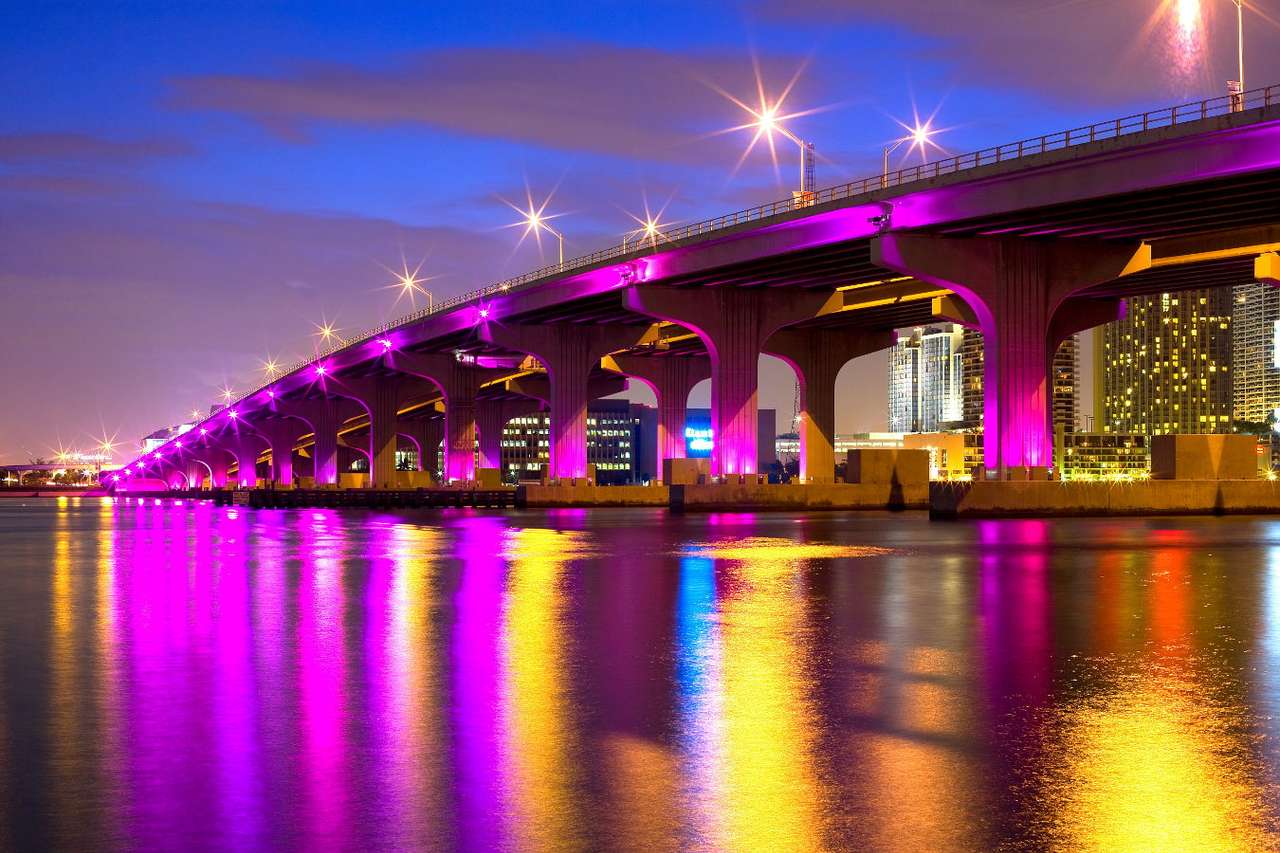 Nocny widok na autostradę MacArthura w Miami (USA) puzzle online ze zdjęcia