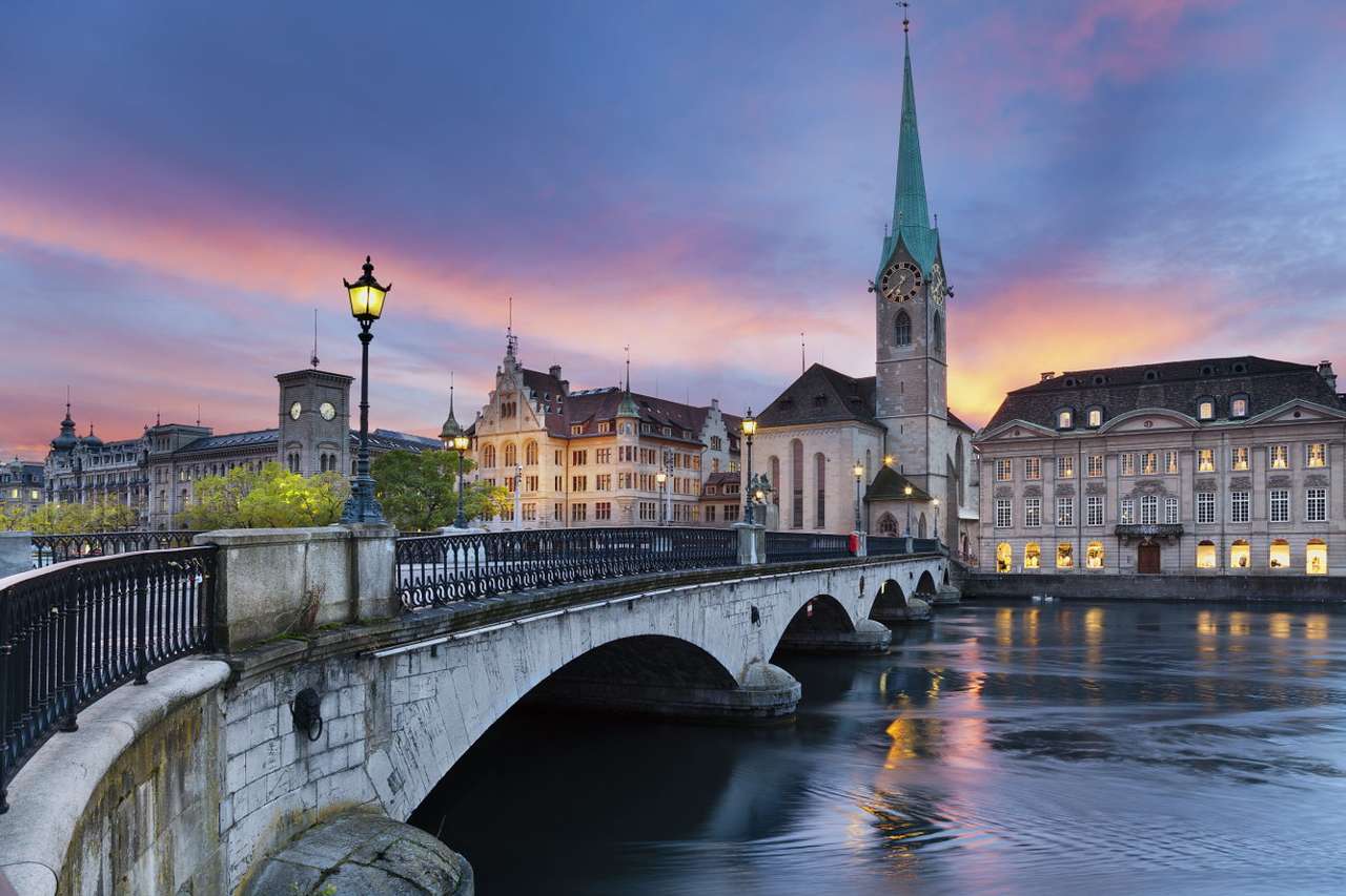 Most w Zurychu z widokiem na Fraumünster (Szwajcaria) puzzle online ze zdjęcia