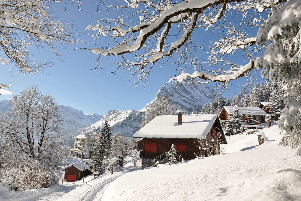 Wioska Braunwald zasypana śniegiem (Szwajcaria) puzzle ze zdjęcia