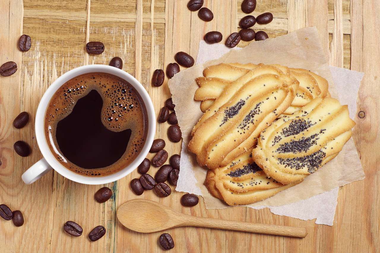 Filiżanka kawy i ciasteczka puzzle online ze zdjęcia