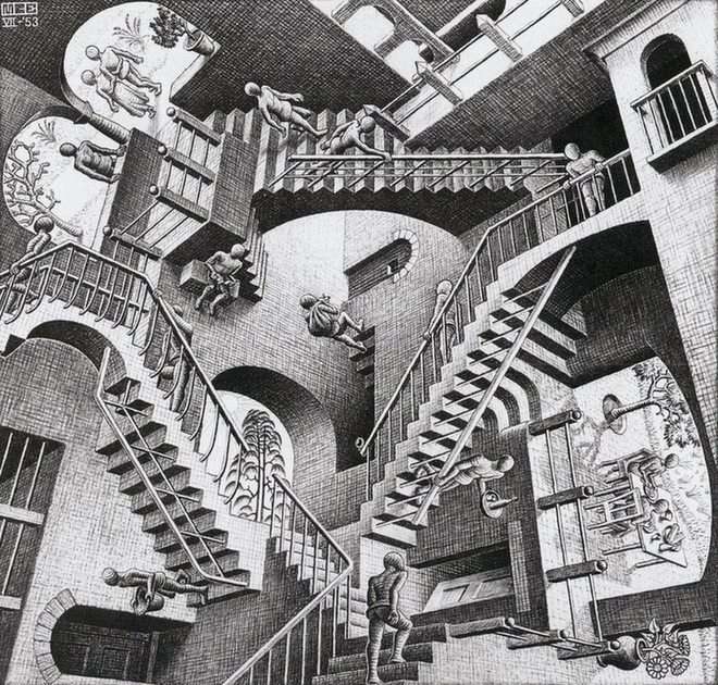 Teoria względności - M. C Escher puzzle online ze zdjęcia