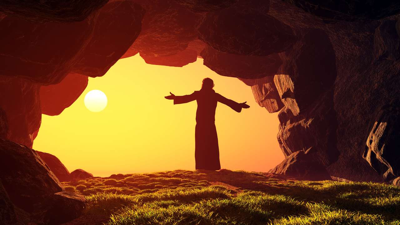Mężczyzna modlący się w jaskinie puzzle online ze zdjęcia