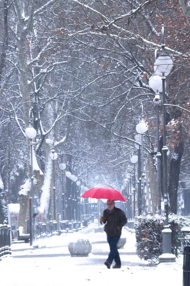 Opady śniegu w mieście puzzle online ze zdjęcia