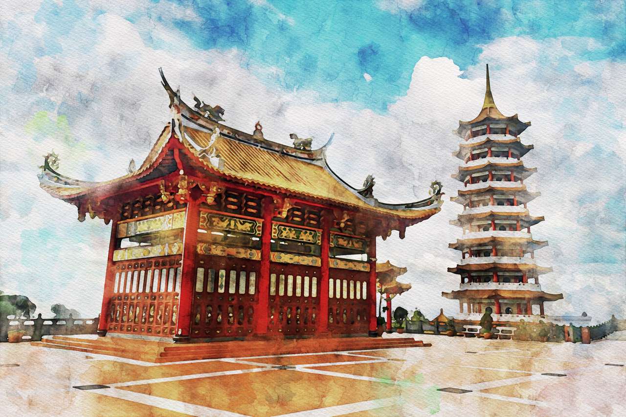 Akwarela czerwonej chińskiej pagody puzzle online