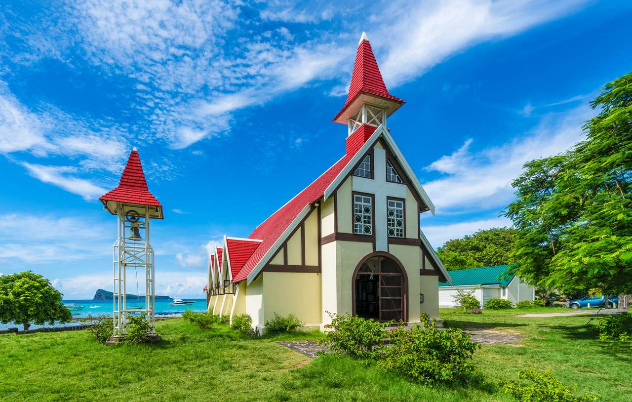 Czerwony kościół w wiosce Cap Malheureux, Mauritius Island puzzle ze zdjęcia