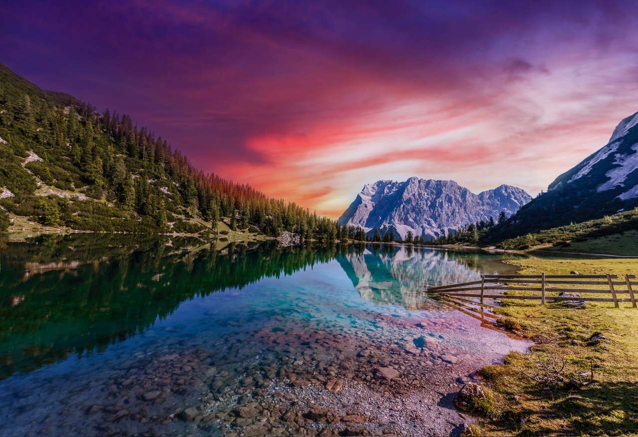 Góra i jezioro w żywych kolorach puzzle
