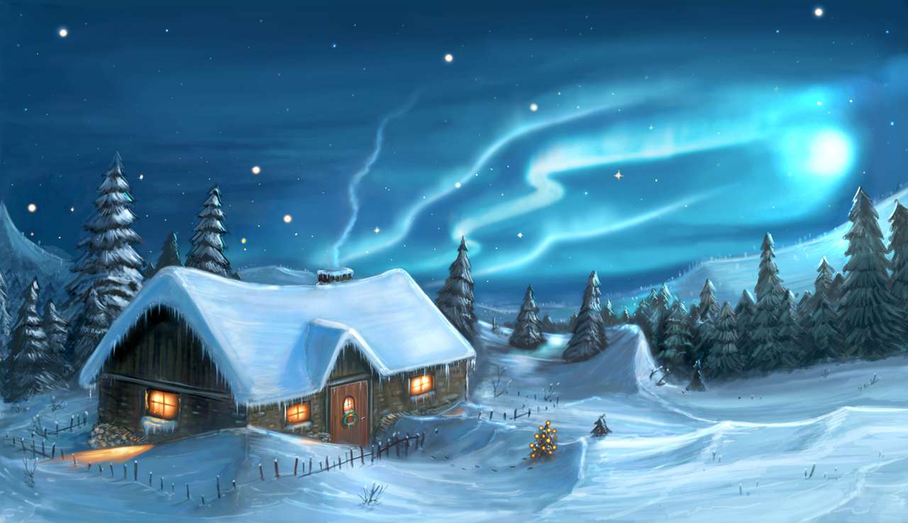 Romantyczny cyfrowy obraz śnieżnej zimy boże narodzenie zima noc domek w górach. puzzle online