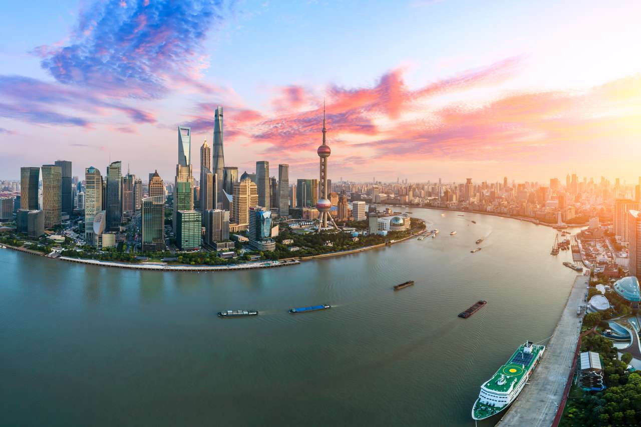 Panoramę Szanghaju o zachodzie słońca, Chiny puzzle online