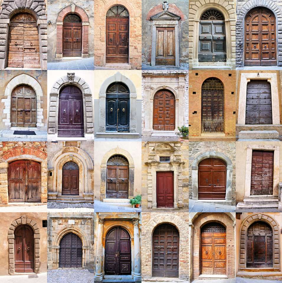 Kolaż wielu starych rustykalnych drzwi z Toskanii we Włoszech puzzle online