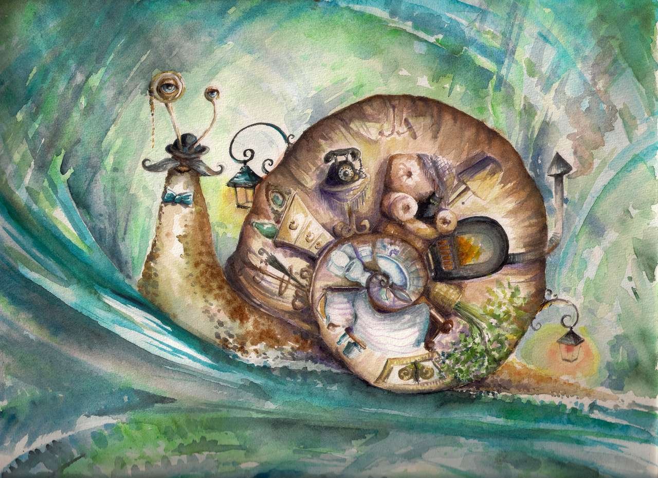 Ślimak ze swoim domem Obraz stworzony z akwarelami puzzle online ze zdjęcia