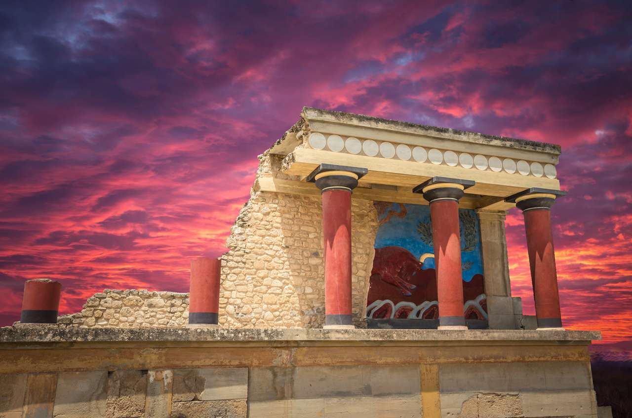 Wspaniały zachód słońca nad pałacem w Knossos puzzle online ze zdjęcia