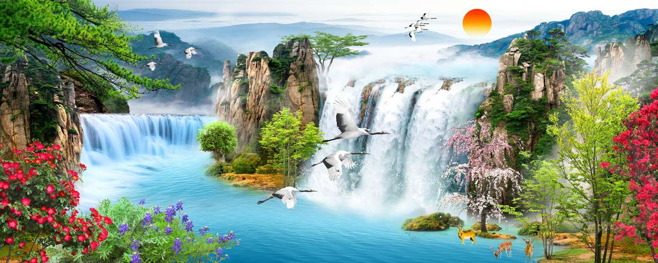 wodospad, las, góry, latające ptaki puzzle online