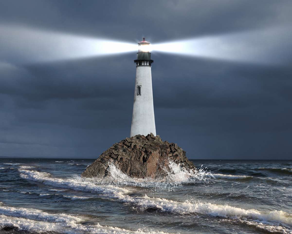 Obraz latarni morskiej z silnym strumieniem światła puzzle online