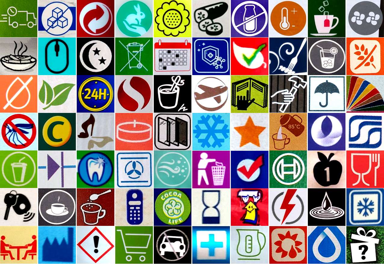Symbole z opakowań puzzle online ze zdjęcia