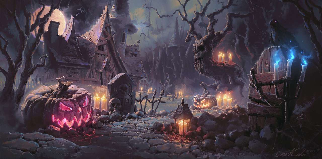 Halloweenowy krajobraz z dyniami i świecami puzzle online ze zdjęcia