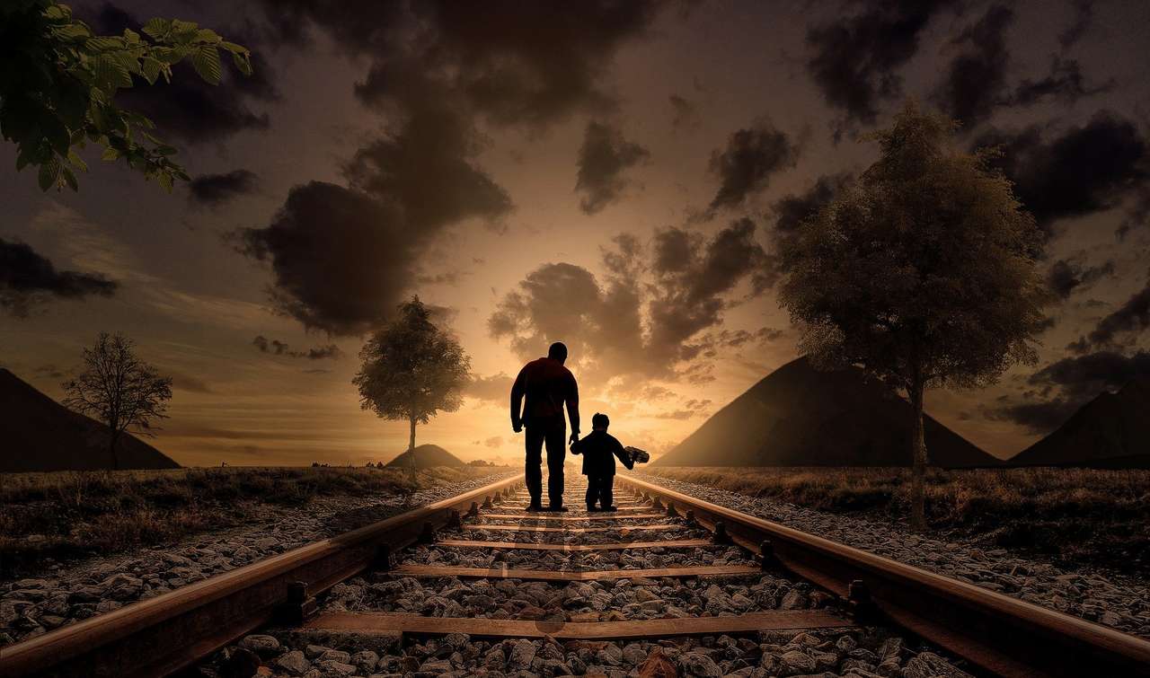 zachód słońca ojciec i syn puzzle online ze zdjęcia