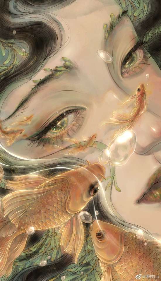 ilustracja dziewczyna z rybami puzzle online ze zdjęcia