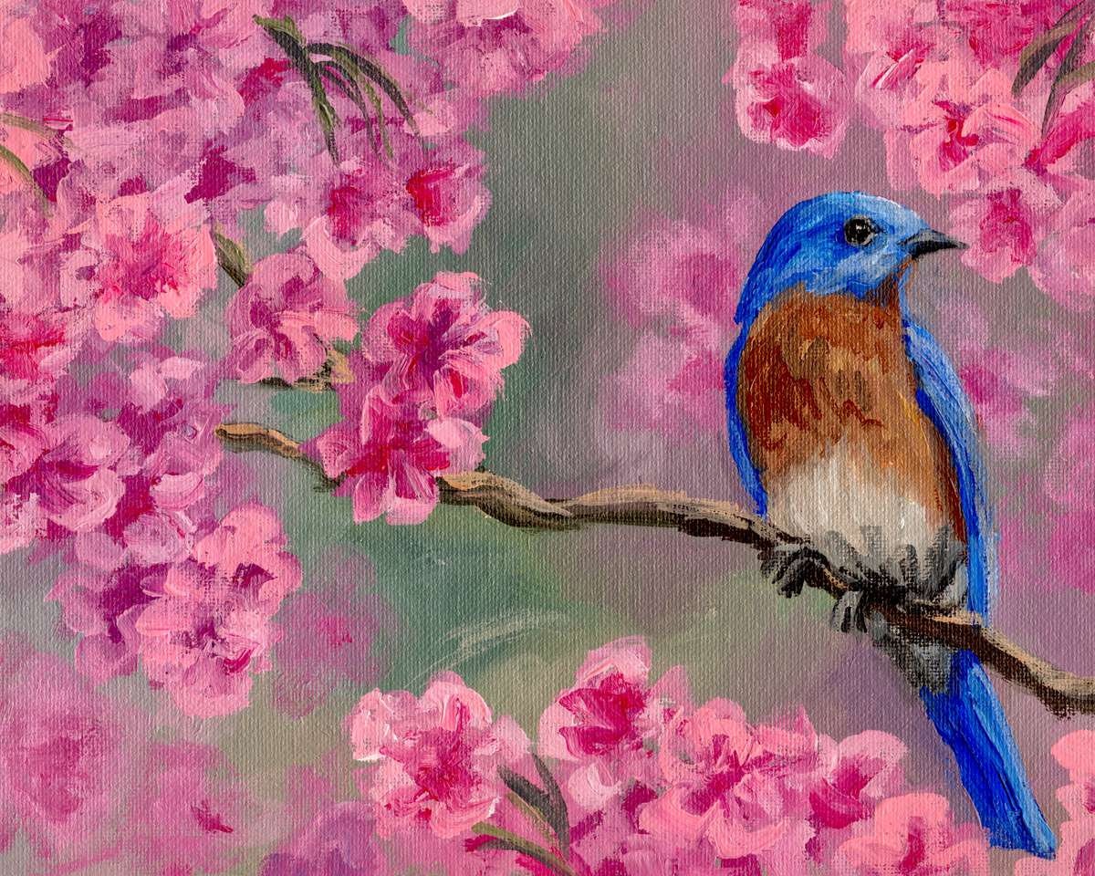 Bluebird kwiaty wiśni puzzle online ze zdjęcia