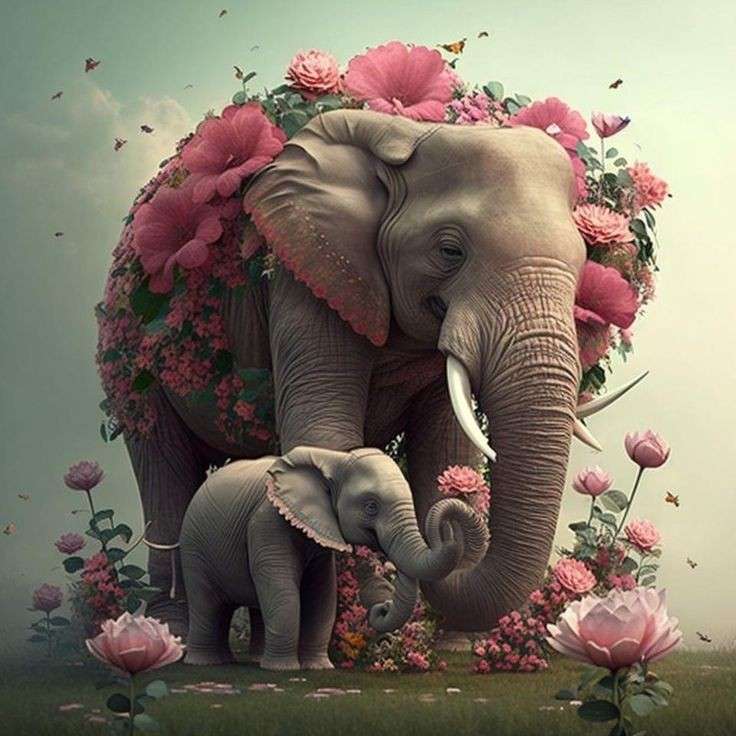 Słoń i kwiaty puzzle online ze zdjęcia