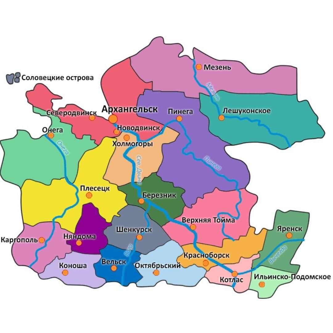 Mapa regionu Archangielska puzzle online