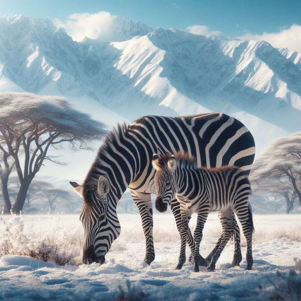 Zebra ze źrebakiem na śnieżnej sawannie puzzle online ze zdjęcia