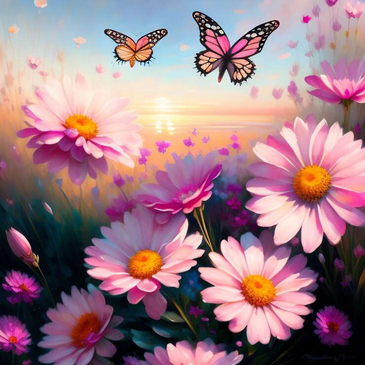 malowanie kwiatami i motylami puzzle online ze zdjęcia