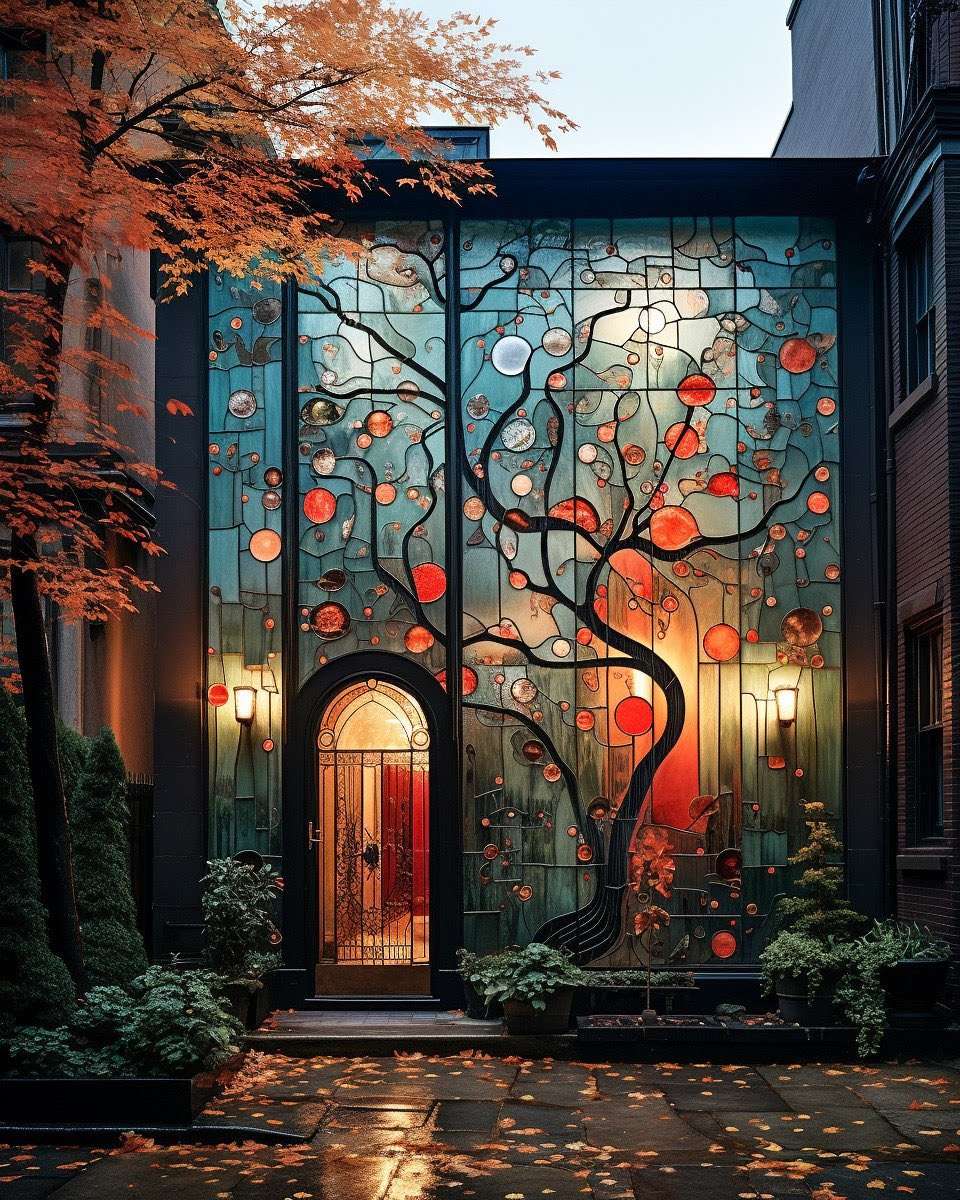 Dom z witrażem w kolorze czerwonego drzewa puzzle online ze zdjęcia