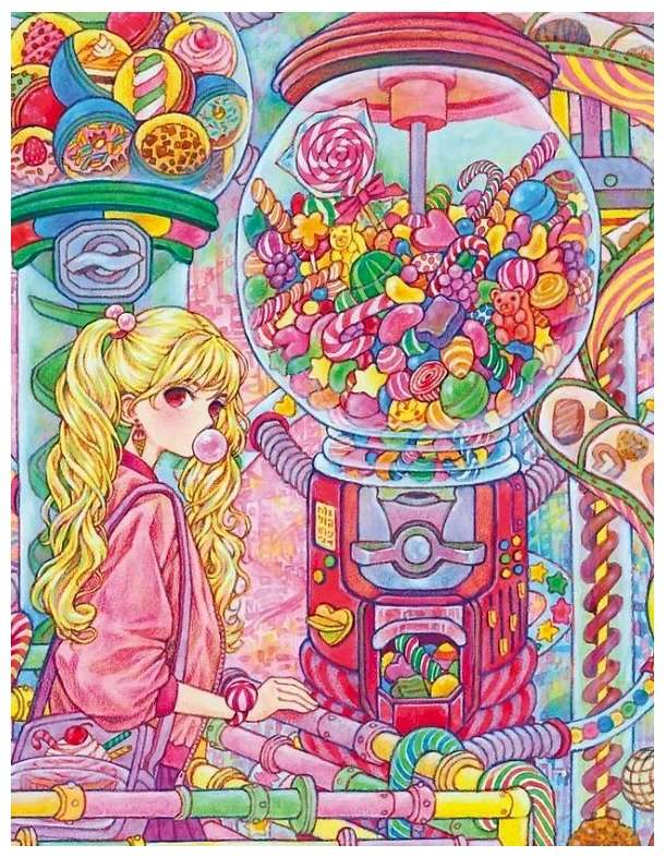 Dziewczyna z gumą balonową w fabryce cukierków puzzle online