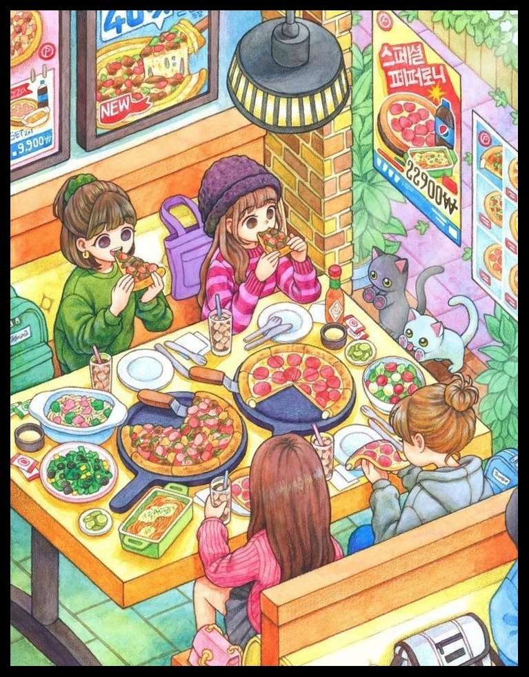 Ilustracja „Pizza z przyjaciółmi”. puzzle online