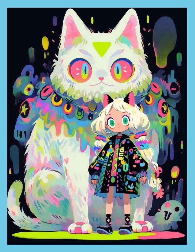 Neonowy psychodeliczny kot + ilustracja kotka puzzle online ze zdjęcia
