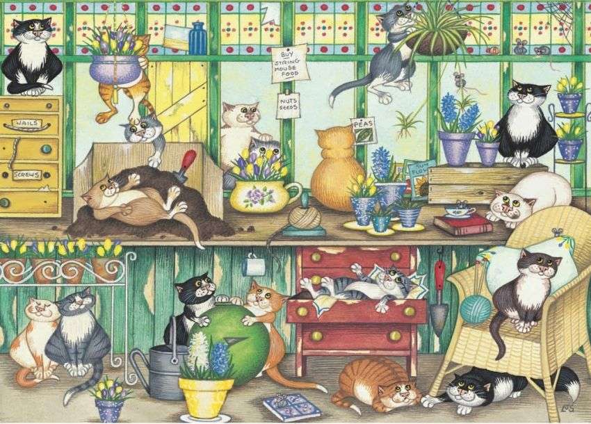 Szalone koty w pokoju ogrodowym puzzle online