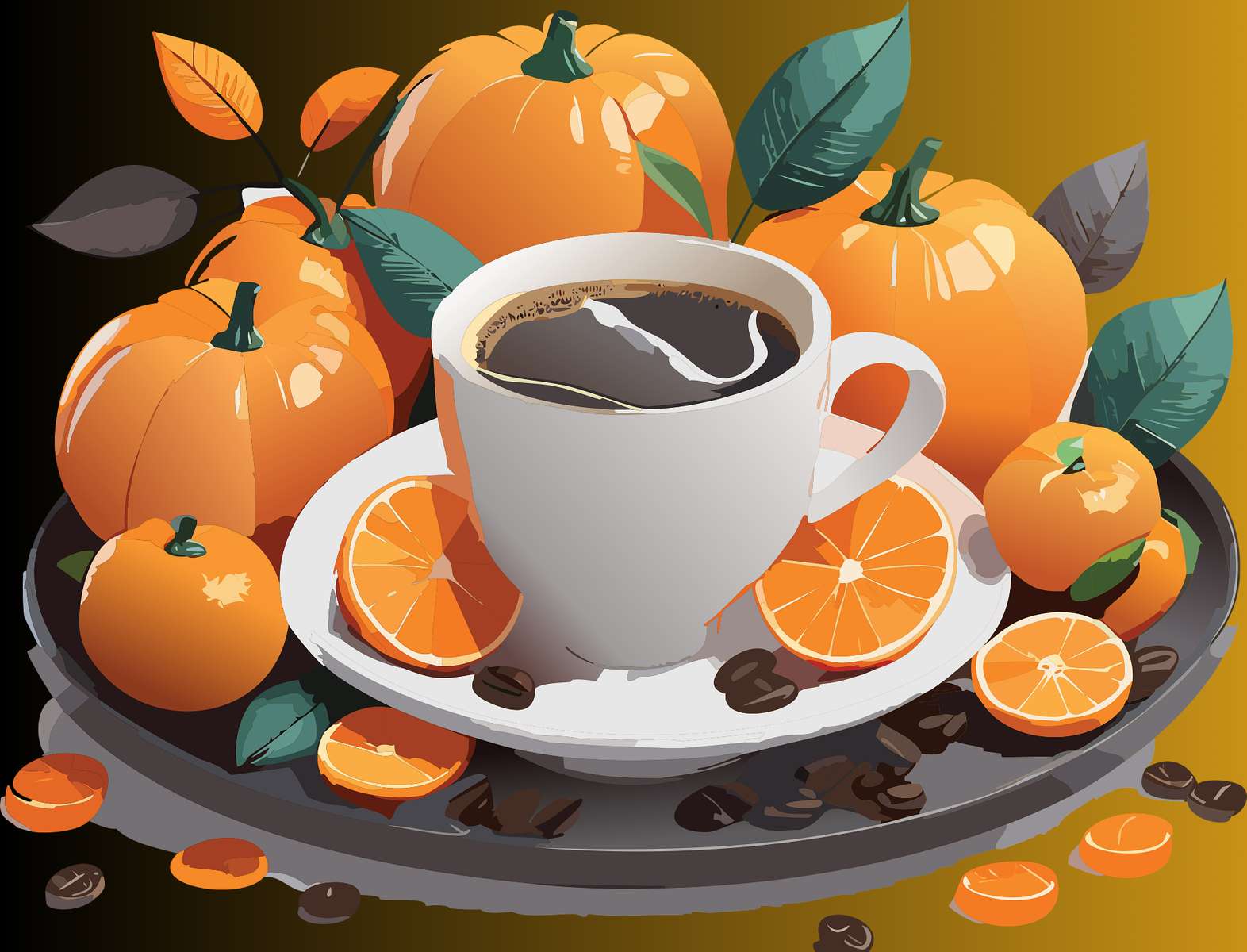 Dynia, kawa, pomarańcze. Pumpkin, coffee, orange puzzle online ze zdjęcia